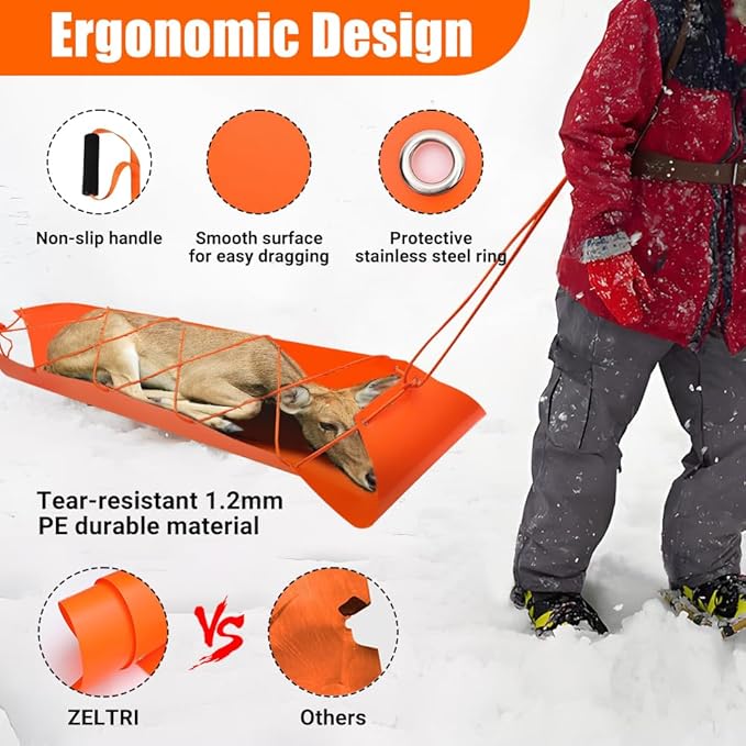 Deer Drag Sled - 1.2mm Thickened Tear-Resistant, 550Lbs Load Capacity Multi-Purpose Deer Cart with Non-Slip Handle for Hauling Hunter Trophies and Discarded Debris on Snow, Sand, Mud, Grass