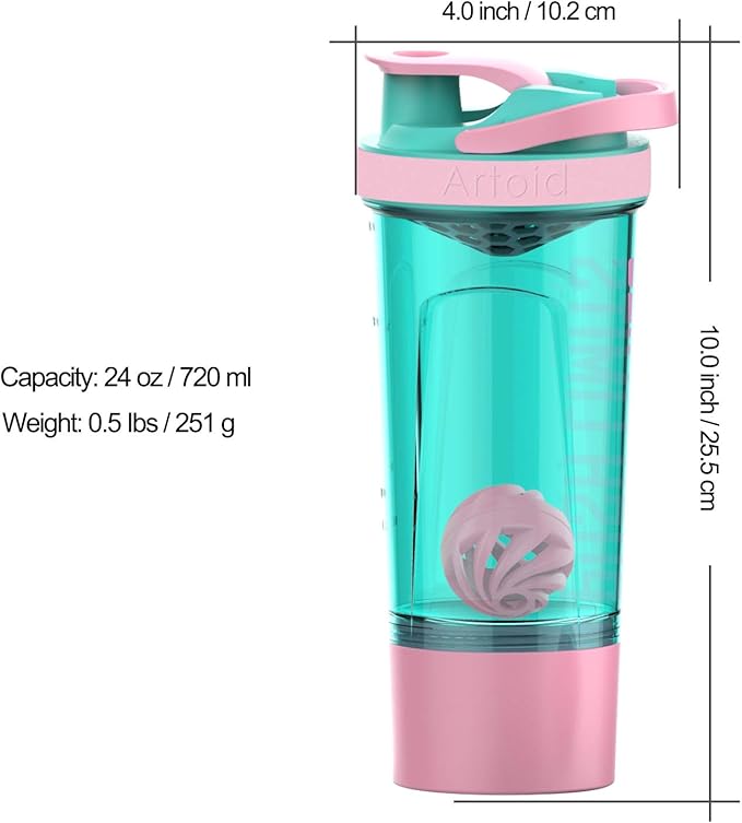 Artoid Mode Inspirational Fitness Workout Sports Protein Shaker Bottle 24-Ounce, Dual Mixing Technology with Shaker Balls & Mixing Grids Included, Twist and Lock Protein Box Storage Included
