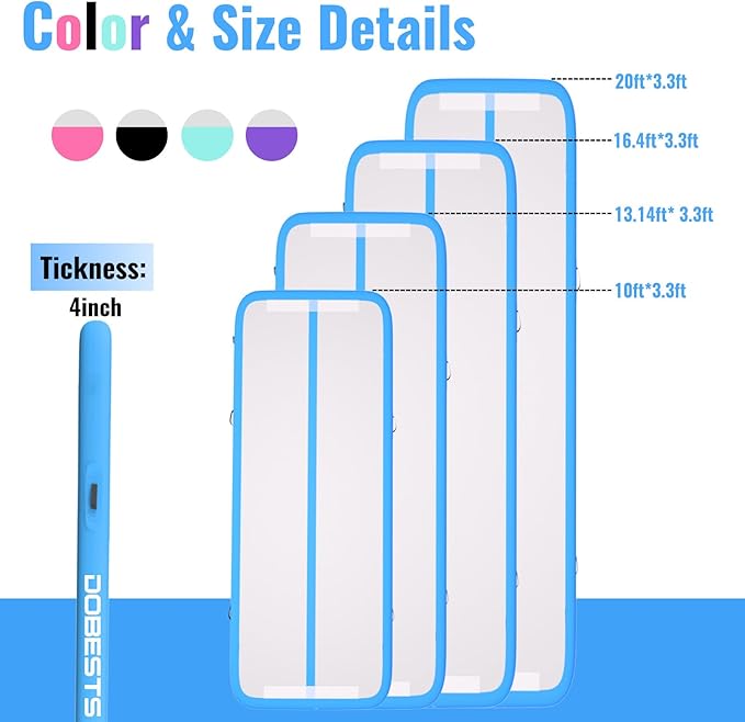 DOBESTS Inflatable Air Gymnastics Mat Tumbling Mat Tumble Track Gymnastics Training for Kids Home 6.6 feet 10 feet 13feet 16feet 20feet 4/8inch Thick for Cheerleading Dance Yoga Cheer Water With Pump