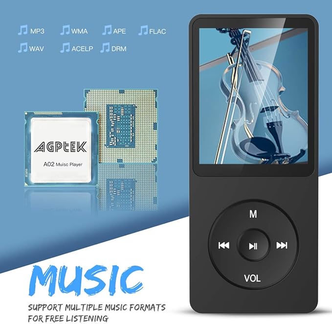 AGPTEK A02S 16GB MP3 Player, 70 Hours Playback Lossless Sound Music Player, Supports up to 128GB, Black