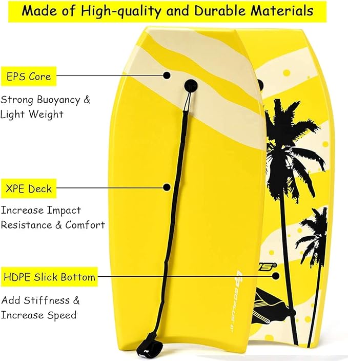 Goplus 41''/37''/33'' Lightweight Body Board for Beach, Surf Board with EPS Core, XPE Deck, HDPE Slick Bottom, Wrist Leash, Bodyboard for Kids Adults Surfing