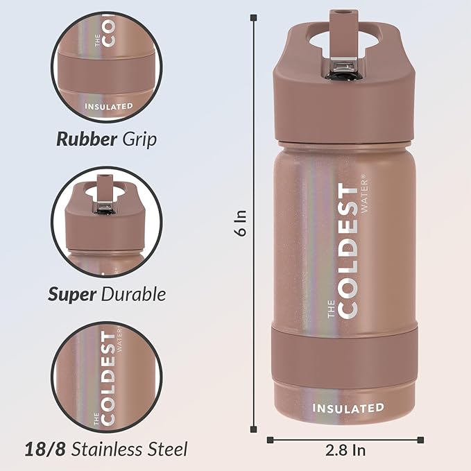 Coldest Insulated Water Bottle with Straw Lid - Stainless Steel Metal Insulated Bottle for Men & Women (Rose Gold Glitter, 14 oz)