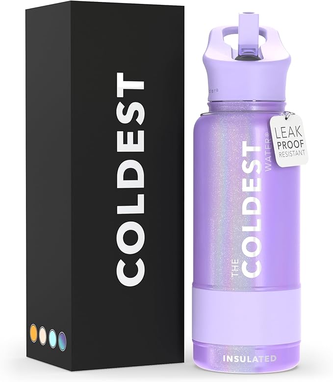 Coldest Insulated Water Bottle with Straw Lid - Stainless Steel Metal Insulated Bottle for Men & Women (Purple Glitter, 32 oz)