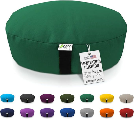 Bean Products Zafu Meditation Pillows for Sitting on Floor, Yoga Cushion, Cotton/Buckwheat Fill Yoga Pillow, Zafu Meditation Cushion, Zen Kneeling Prayer Pad- Made in USA, 14"x18" Oval- Forest Green