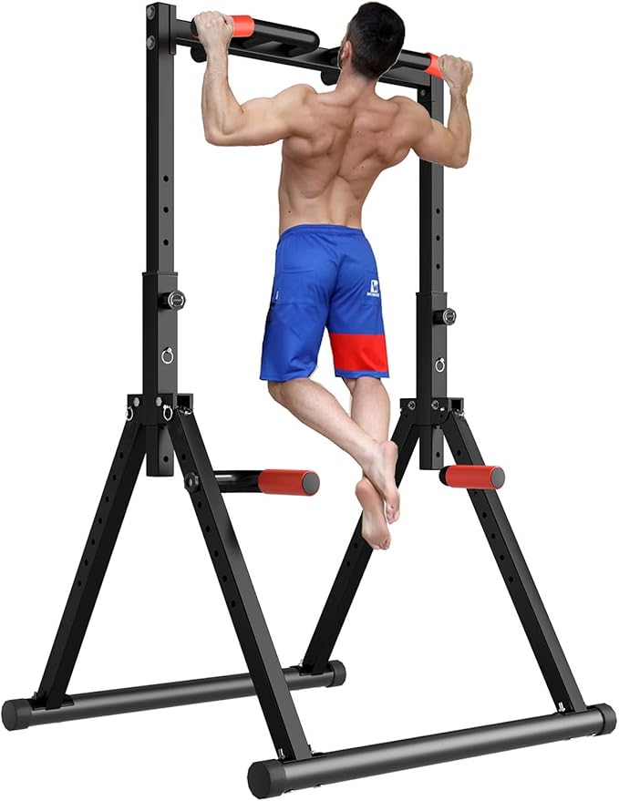 DOBESTS Foldable Power Tower Pull Up Bar Dip Station Adjustable Multifunction Workout Pull Up Tower Station Gym Strength Training Equipment for Home Outdoor, Triangular Legs, Support 700lbs