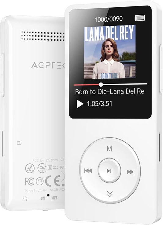 AGPTEK A02 MP3 Player with Bluetooth 5.3, 1.8 inch Screen Portable Music Player with Speaker, FM Radio, Voice Recorder, Supports Expanded Up to 128GB(White, 64GB)