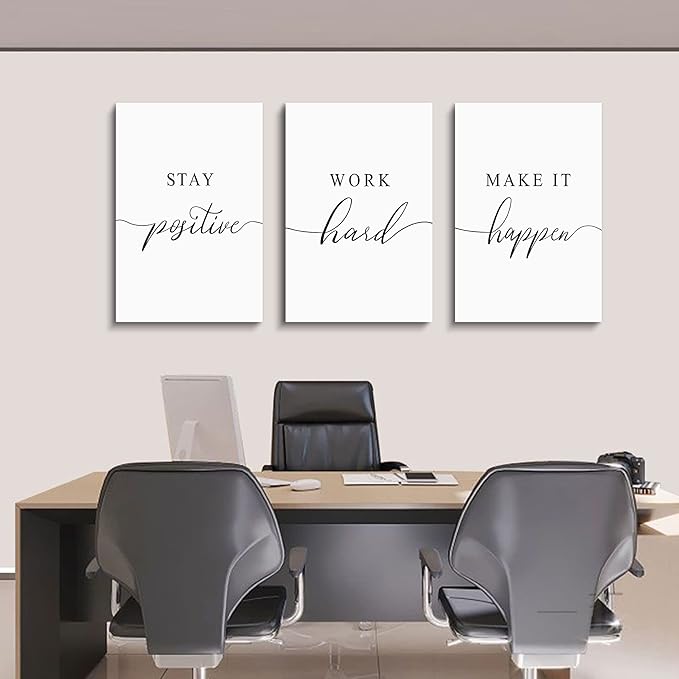 Framed Canvas Wall Art Work Quote, Office Wall Art Decor, Stay positive work hard make it happen, gift for father, boss gift, Inspirational Prints, Motivaional Wall Art (G-3pcs,16x24inchx3pcs)