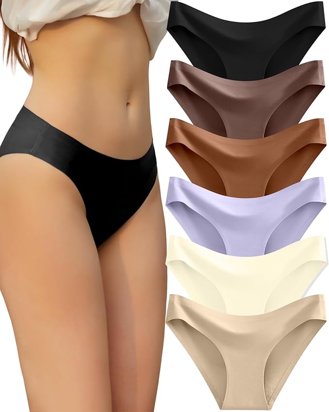 FINETOO 6 Pack Women’s Seamless Hipster Underwear No Show Panties Invisibles Briefs Soft Stretch Bikini Underwears XS-XL