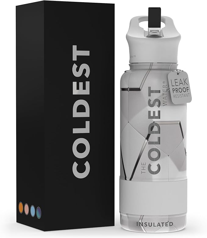 Coldest Insulated Water Bottle with Straw Lid - Stainless Steel Metal Insulated Bottle for Men & Women (Geometrix White, 32 oz)