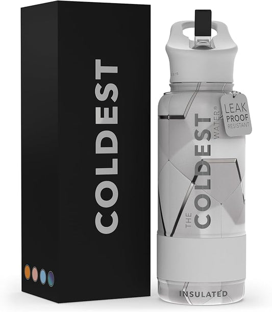 Coldest Insulated Water Bottle with Straw Lid - Stainless Steel Metal Insulated Bottle for Men & Women (Geometrix White, 32 oz)