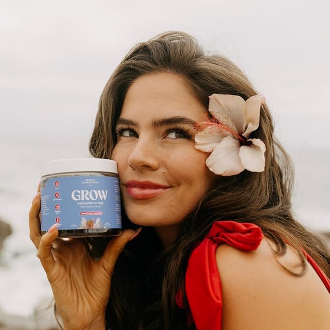 Grow Hair & Beauty Gummies, Supplement with Zinc, Vitamin E, Astaxanthin, Kelp, & Pumpkin Seed, Plant Based Gummies for Women & Men, Gluten Free, Vegan, American Made, 60 Count