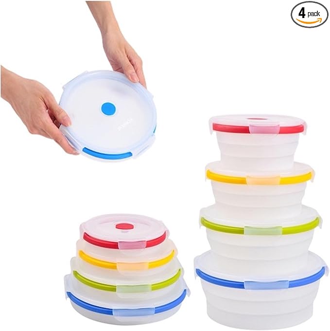 Collapsible Silicone Food Storage Containers, BPA Free, Microwave, Freezer and Dishwasher Safe, Lunch, Meal Prep, Travel, Space-Saving