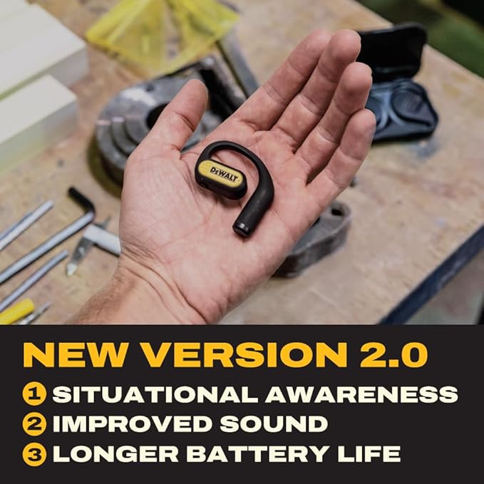 DEWALT Heavy Duty Open Ear Headphones, Bluetooth 5.3 Wireless Earbuds with 44Hrs Runtime, Jobsite Premium Sound True Wireless Air Conduction Open Ear Earbuds with Earhooks for Worksites and Workouts