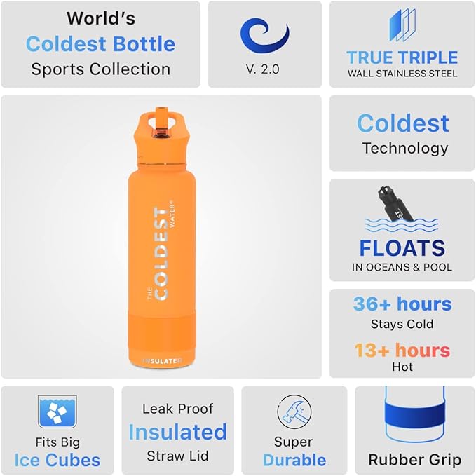 Coldest Insulated Water Bottle with Straw Lid - Stainless Steel Metal Insulated Bottle for Men & Women (Jupiter Orange, 40 oz)