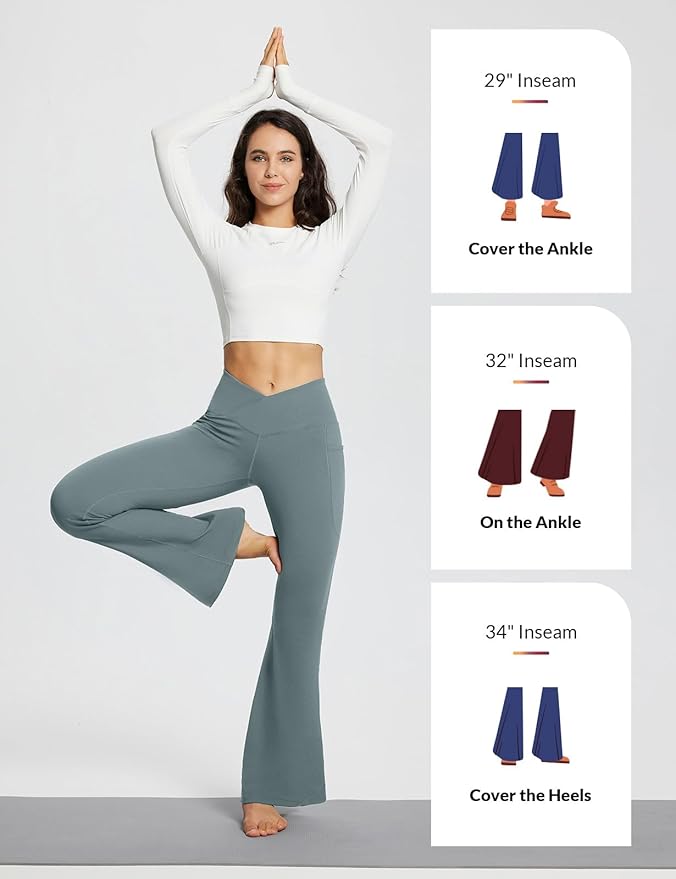 baleaf Women's V Crossover Flare Leggings with Pockets Yoga Pants High Waist Casual Workout Gym Bell Bottom Leggings