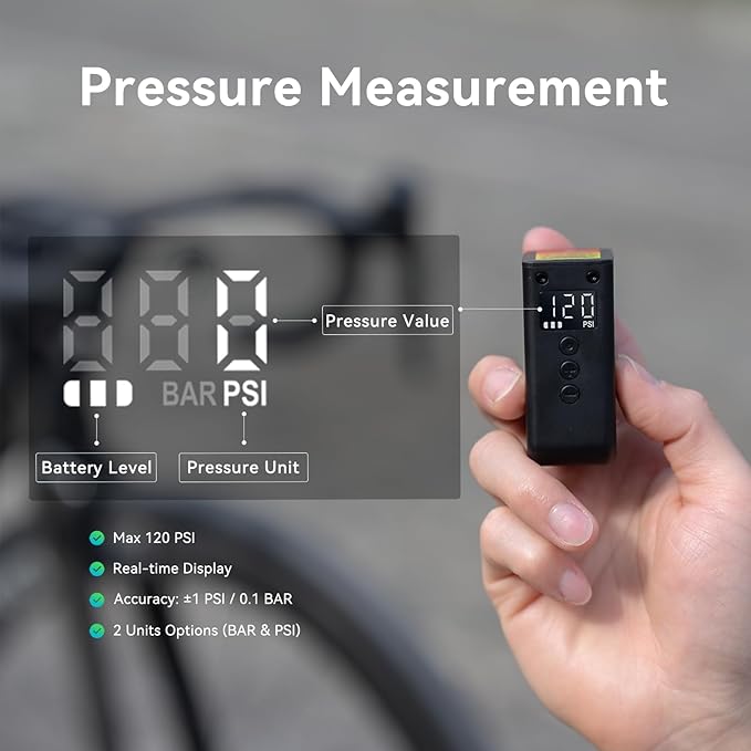 CYCPLUS AS2 Ultra Tiny Bicycle Pump with Gauge, Max 120 PSI Electric Mini Pump, Auto Stop, with Presta and Schrader Valve for E-Bike, MTB, and Road Bike AS2 Ultra (3.06oz)