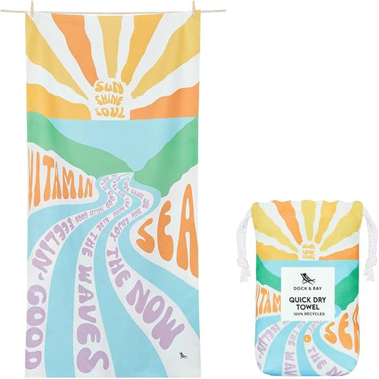 Dock & Bay Beach Towel - Quick Dry, Sand Free - Compact, Lightweight - 100% Recycled - Includes Bag - Vitamin Sea - Extra Large (200x90cm, 78x35)