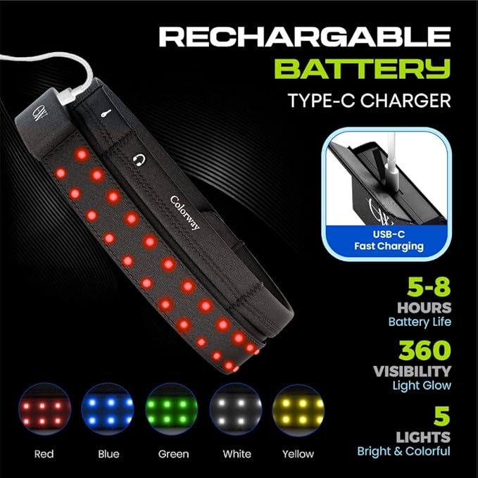 Colorway Led Running Belt – Day & Night Adjustable Waist Pack, Removable Light Strip, 3 Pouches for All Essentials, Reflective Running Gear for Men & Women (Rechargeable, Machine Washable)
