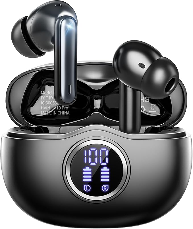 A10 Pro Wireless Earbuds, Bluetooth 5.3 Headphones HiFi Stereo 50H Playback LED Digital Display Ear Buds with ENC Noise Canceling Headset, IPX7 Waterproof Earphones for Gym/Running/Work