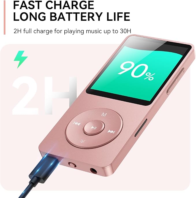 AGPTEK A02 MP3 Player with Bluetooth 5.3, 1.8 inch Screen Portable Music Player with Speaker, FM Radio, Voice Recorder, Supports Expanded Up to 128GB(Rose Gold, 64GB)
