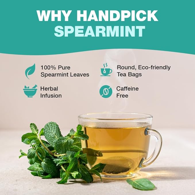 HANDPICK, Spearmint Tea Bags (100 Herbal Tea Bags) |Refreshing Mint Tea | Non-GMO | Round Eco-Conscious Teabags