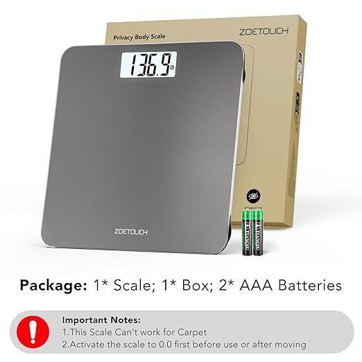 Bathroom Scale for Body Weight Digital Weighing Machine with Backlit LCD Display, Most Accurate Bath Scale for People, High Precision, Grey,Tempered Glass Batteries Included, 396lb/180kg