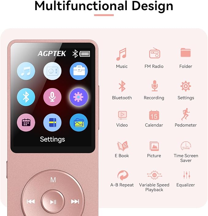 AGPTEK A02 MP3 Player with Bluetooth 5.3, 1.8 inch Screen Portable Music Player with Speaker, FM Radio, Voice Recorder, Supports Expanded Up to 128GB(Rose Gold, 64GB)