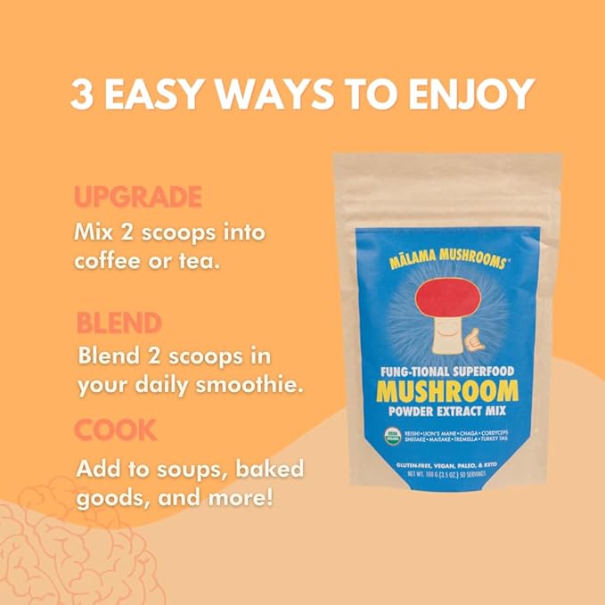 8-Mushroom Extract Powder by Malama, Organic Body Mushroom Blend Featuring Lion's Mane, Reishi, Cordyceps, Chaga, Turkey Tail, Superfood Adaptogenic