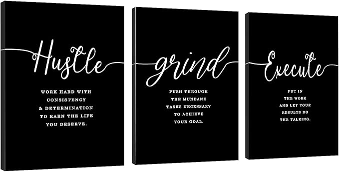 Hustle Grand Slogan Poster,Gift for Boss, Present for Father, Framed Canvas Wall Art Success Quote, Office Wall Art, Black Large Poster, Inspirational Print (F-3pcs,16x24inchx3pcs)