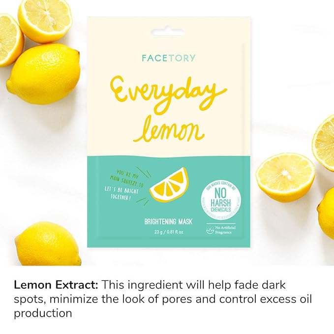 FACETORY K Beauty Face Mask Skin Care - Everyday LEMON Brightening Sheet Mask | Plant-Based with Lemon Extract (5 Pack)