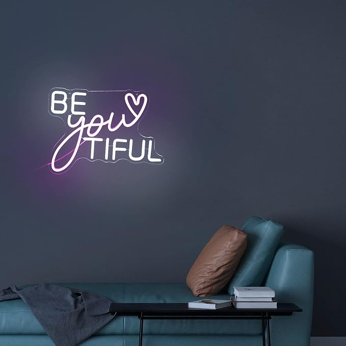 Be Your Tiful Neon Sign Dimmable Letter Neon Signs White Pink Wall Decorative Lights Powered USB with Switch for Bedroom Kid Room Shop Apartment Birthday Party Wedding （15.7’’X11.8’’）