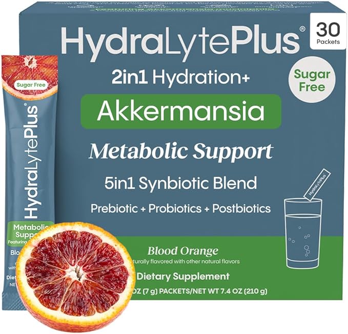 Hydralyte Plus Metabolic Support - Sugar-Free Electrolytes + Akkermansia Probiotic for Women and Men - Blend of Prebiotics and Probiotics for Digestive Support + Fiber (30 Pack, Blood Orange)