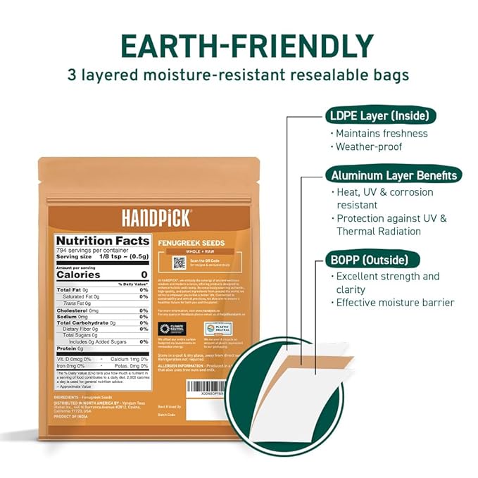 HANDPICK Fenugreek Seeds (14oz) ALL NATURAL Fenugreek - Indian Origin Whole Methi Seeds (Trigonella Foenum Graecum) Fenogreco En Semillas | Resealable Ziplock Pouch