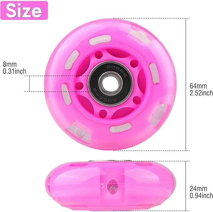 8pcs Inline Skate Wheels Led Light-Up Wheels 64/70/72/76/80mm w/Bushings 85-88A for Kids and Youth Beginners Children's Inline Skates Indoor/Outdoor Use (Pink, 64mm)