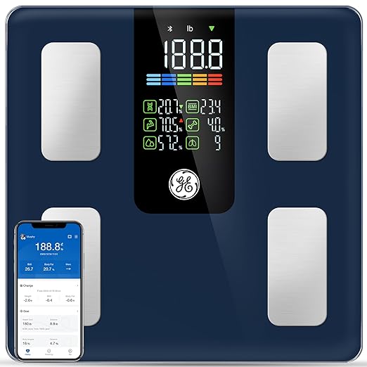 GE Scale for Body Weight Smart: Digital Bathroom Body Fat Scales 500lbs for BMI Muscle Bluetooth Smart Weight Monitor 11.8" Large Platform Weighing Machine Health Analyzer with App Dark Blue