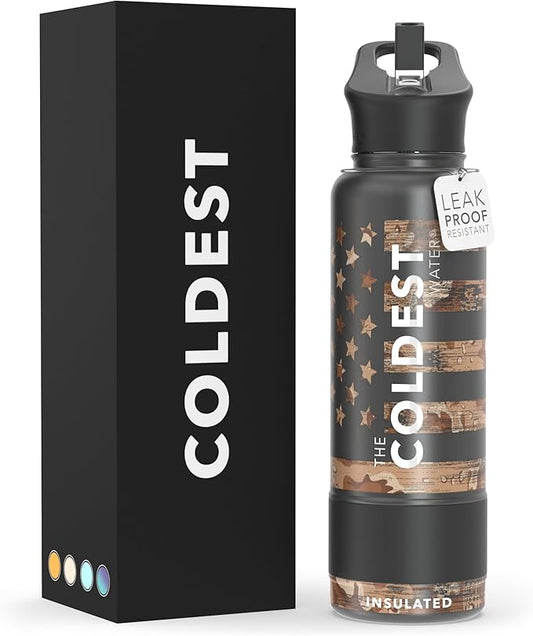 Coldest Insulated Water Bottle with Straw Lid - Stainless Steel Metal Insulated Bottle for Men & Women (Camouflage Flag, 40 oz)