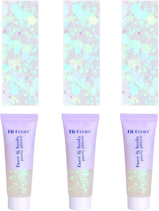 Face Body Glitter, Hair Glitter Sparkles Chunky Face Glitter Gel for Girls Makeup Singer Concerts Mermaid Festival Sequins Face Paint (3pc White)
