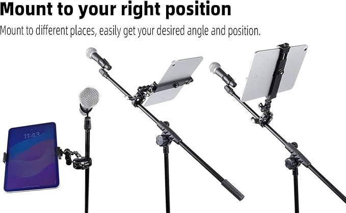 Aluminium Tablet Holder Mount for Spin Bike, iPad Mount Handlebar Clamp for Stroller, Golf Cart, Wheelchair, Scooter, Spin Bike, Music Mic Stand, Compatible with 6.5-12.9" Tablets