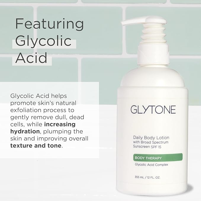Glytone Daily Body Lotion with SPF 15–Broad Spectrum Sunscreen Moisturizer for Body –Spf Lotion with Glycolic Acid & Shea Butter – Sensitive Skin Sun Screen – Gives Non Greasy Sun Protection – 12 oz