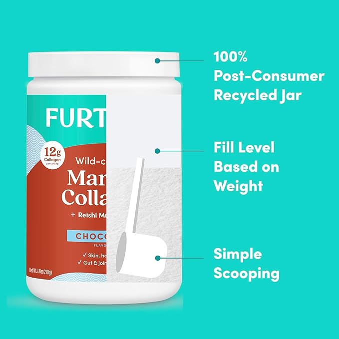 Further Food Chocolate Marine Collagen Peptides Powder, Wild Caught, Sustainable, Type 1, 2 & 3 Collagen, Gut + Joint Support, Hair, Skin, Nails, Sugar-Free 7.41 oz