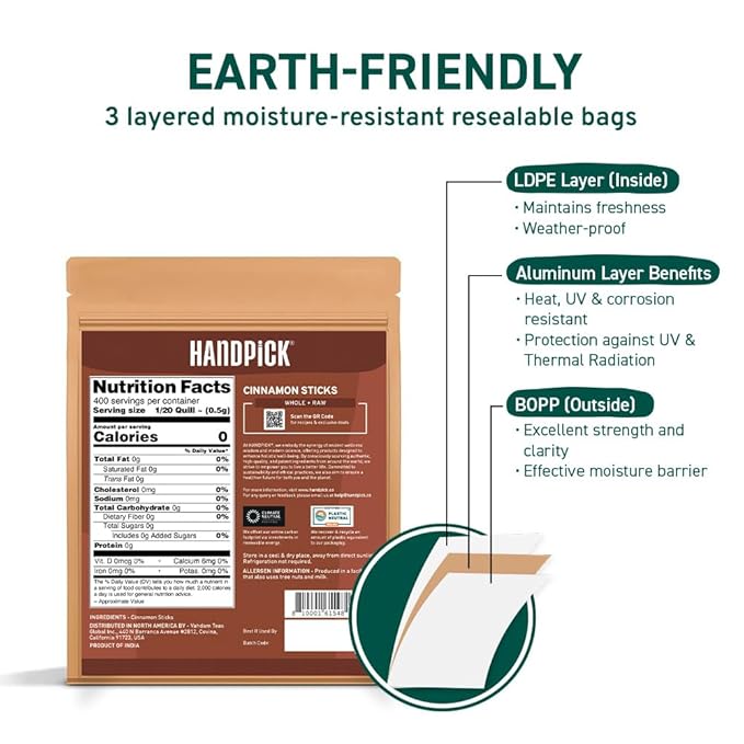 HANDPICK, Cinnamon Sticks (7 oz) 100% Raw, Non-GMO, Gluten-Free | Premium Quality | Resealable Ziplock Pouch | Perfect for Baking, Cooking & Beverages