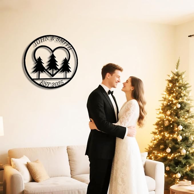 Custom Metal Sign with Pine Trees | Personalized Couple Love Metal Signs | Wedding Gift | Indoor Decor Gift for Women, Men, Wife, Parents, Couple