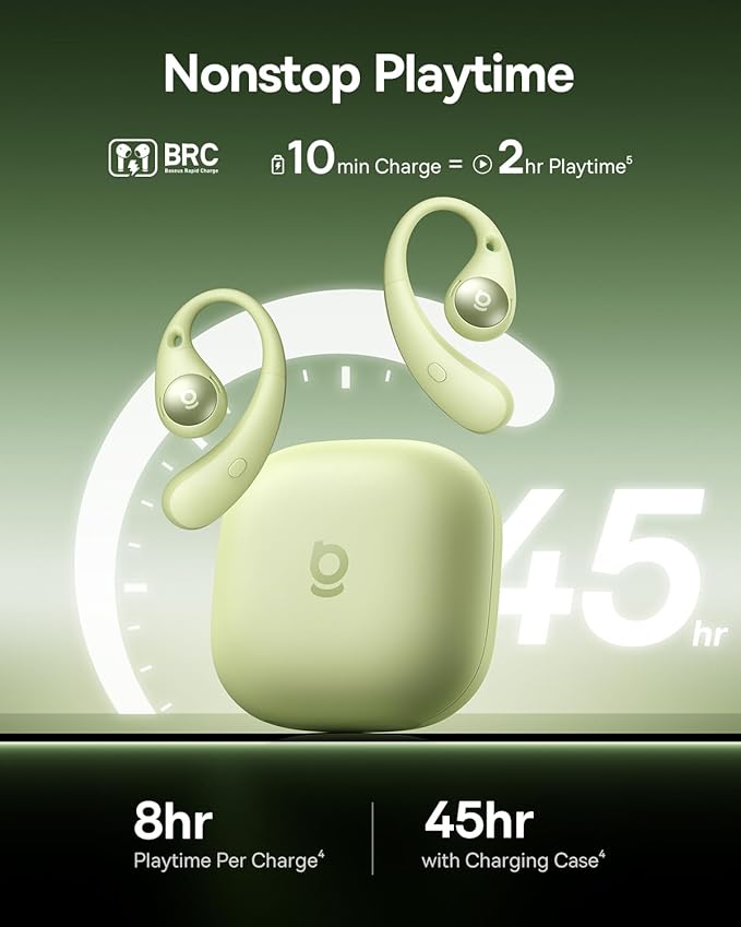 Baseus Eli Sport 2 Open-Ear Headphones Wireless Earbuds,Secure Earhook Sport Design,Ultra-Comfort,4-Mic Clear Calls, IP57 Waterproof,45H Play, Bluetooth 6.0 Earhook Fit Running Workout Gym -Green
