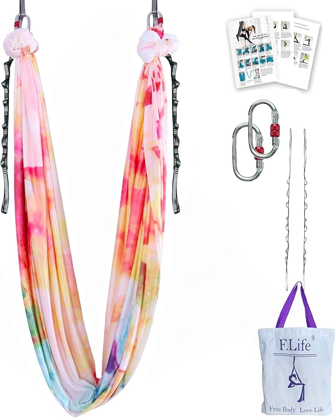 F.Life Aerial Yoga Hammock kit- Yoga Swing Multicolor 5 yards-Flying Yoga Include Daisy Chain,Carabiner and Pose Guide