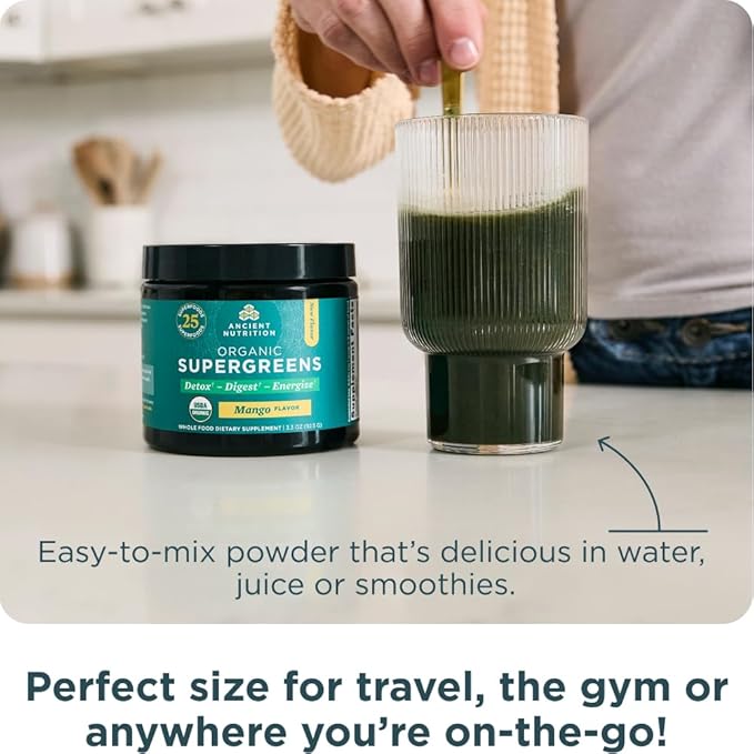 Ancient Nutrition SuperGreens Powder with Probiotics, Organic Mango Flavor Greens, Made from Real Fruits, Vegetables and Herbs, Digestive and Energy Support, 12 Servings, 3.3oz