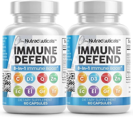 Immune Defense Support Supplement 8 in 1 w/ Zinc 50mg Quercetin, Vit C 1000mg, Vitamin D3 5000 IU, Elderberry, Turmeric Curcumin, Ginger, Echinacea - Immunity System Booster Adults Vegan - 60Ct (2)