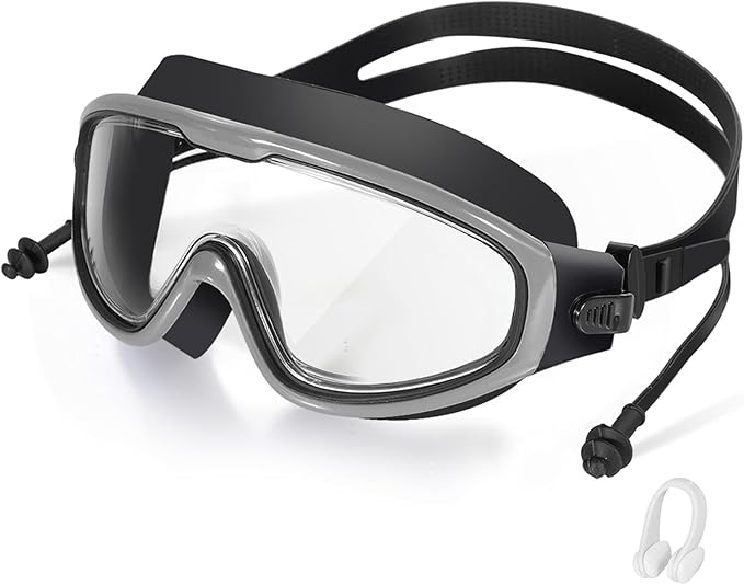 Adult Swimming Goggles,Leak-Proof,Anti-Fog Pool Glasses,Wide View Swim Goggles with Ear Plugs and Nose Clip