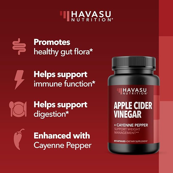 HAVASU NUTRITION Apple Cider Vinegar Capsules with 500mg Apple Cider Vinegar and 20mg Cayenne Pepper - Bloating Relief and Appetite Suppressant; Non-GMO; 60 Capsules for Men and Women