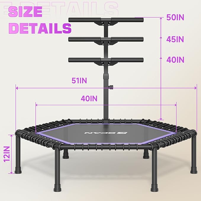 BCAN 51" Mini Hexagon Trampoline, Max Load 450 LBS Fitness Trampoline with T-Adjustable Handle Bar, Silent Bungees, Larger, More Stable, Quieter Exercise Rebounder for Adults Indoor/Garden Workout