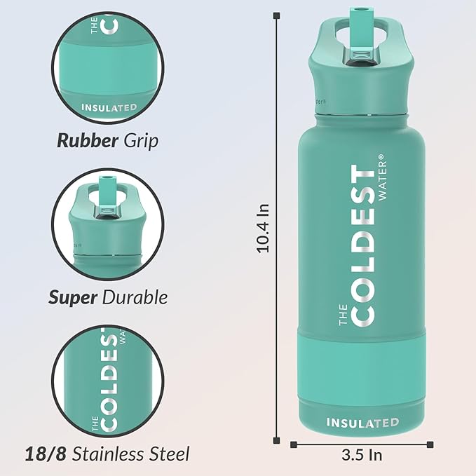 Coldest Insulated Water Bottle with Straw Lid - Stainless Steel Metal Insulated Bottle for Men & Women (Terraform Green, 32 oz)